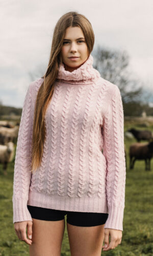 MITHIO AGNES women´s merinowool hight neck cable knit sweater pink