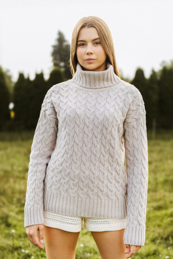 MITHIO women´s merinowool big cable sweater MARELLE Light Grey