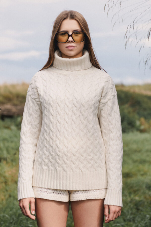 MITHIO women´s merinowool big cable sweater MARELLE Off White